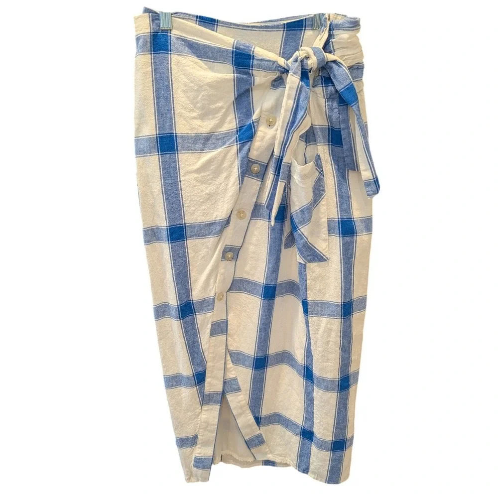 Maeve Anthropologie Midi Wrap Skirt Blue White Plaid Linen Blend Size 2 - Picture 2 of 10
